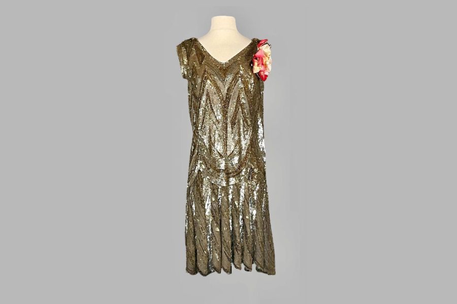 Golden beaded and sequined mid-1920s flapper dress