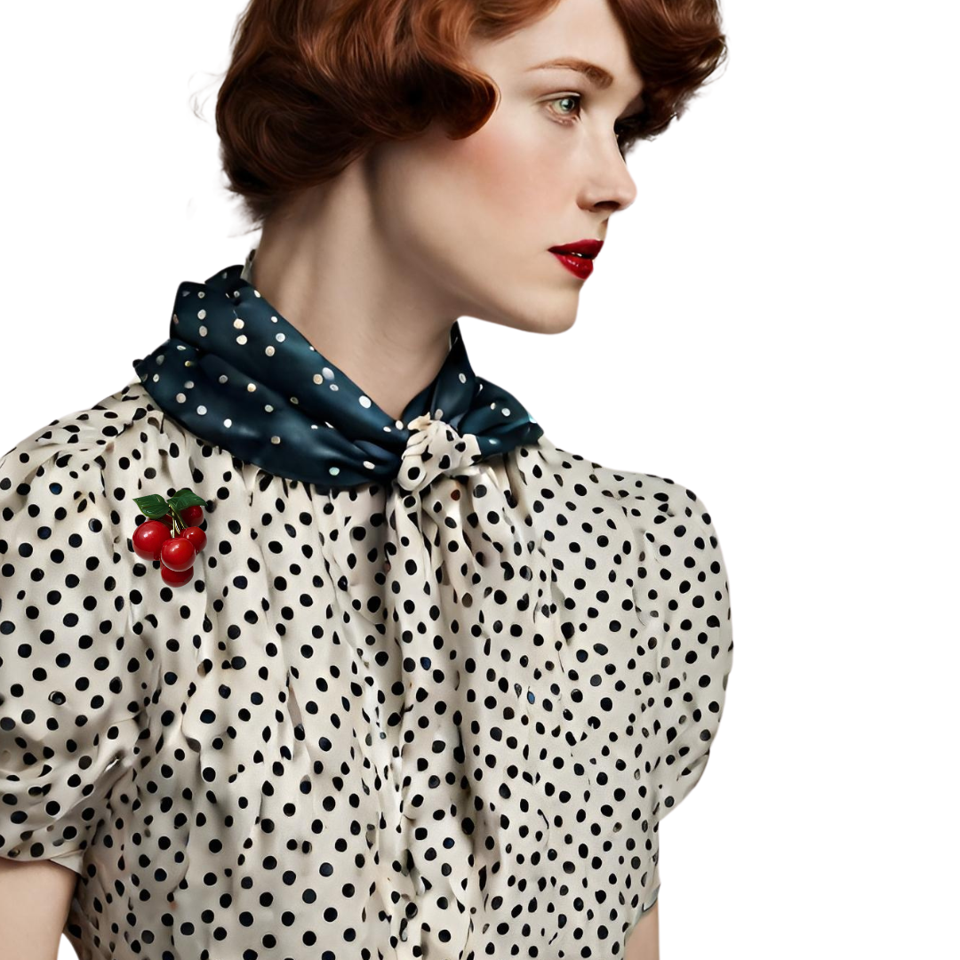 Woman modeling a c. 1940 polka dot dress